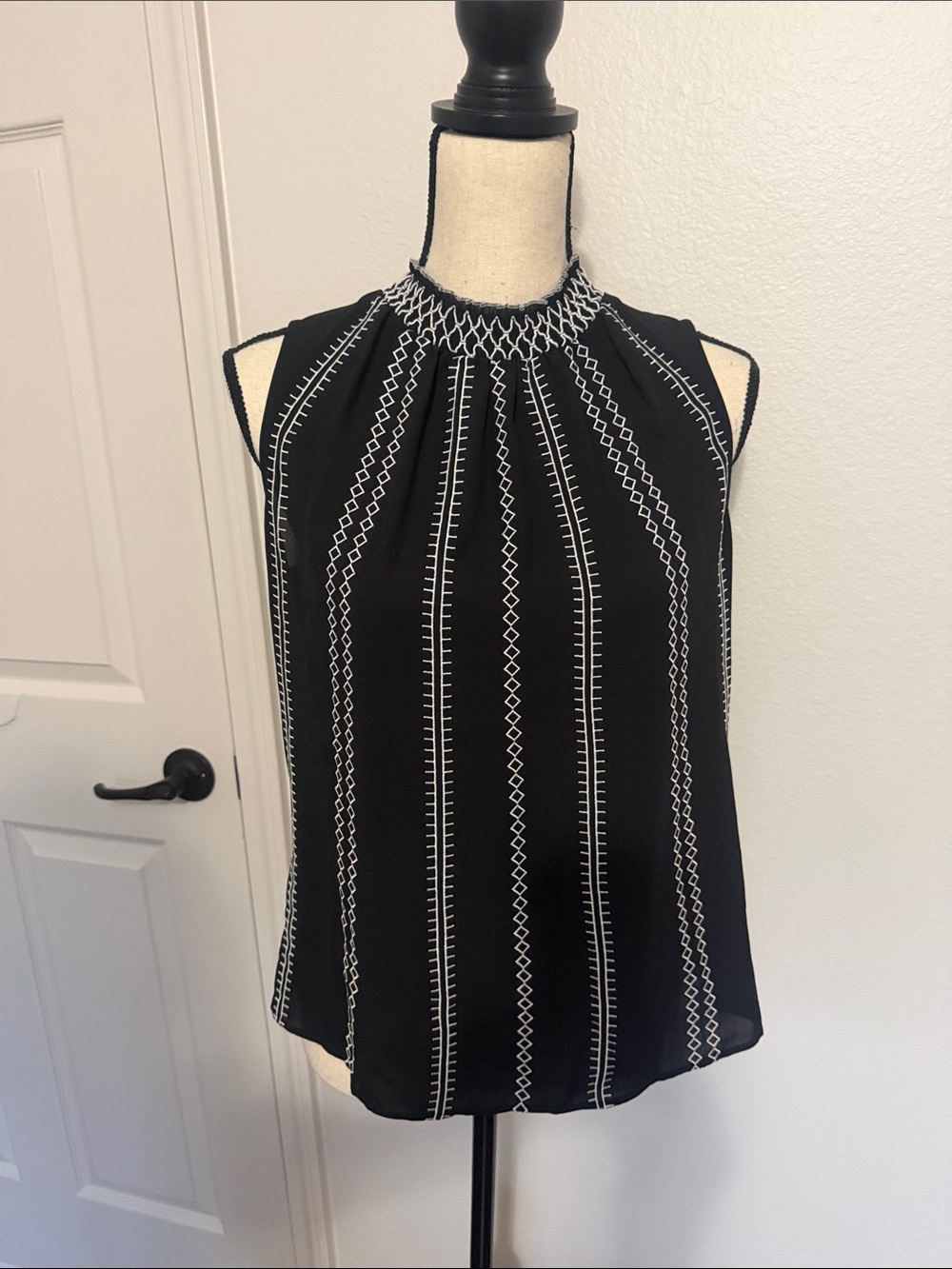 White House Black Market Black Halter Neck Camisole with White Embroidery